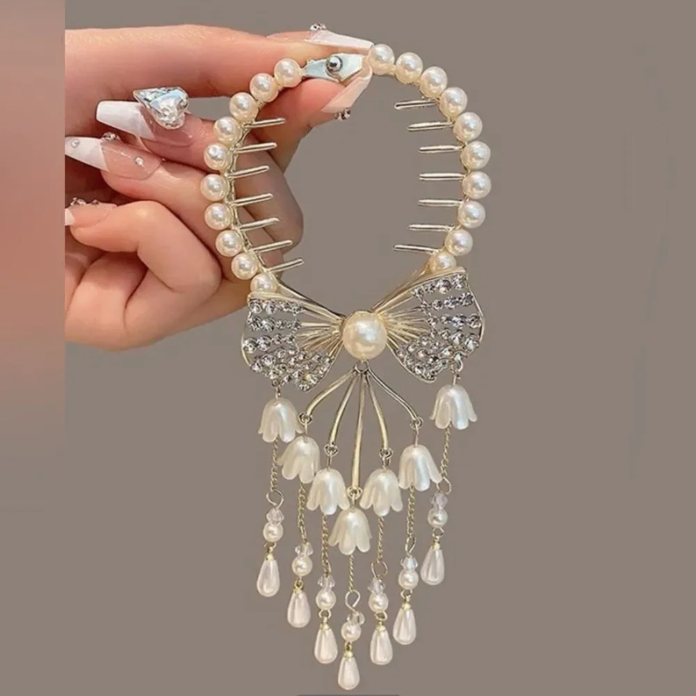 ✨🆕✨ Elegant Gold Tone Rhinestone Pearl Tulips Bells Bow Decor Hair Pin 🎀✨